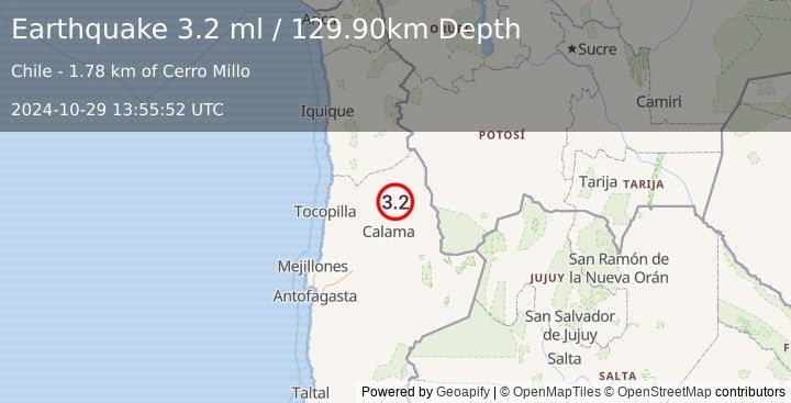 Earthquake ANTOFAGASTA, CHILE (3.2 ml) (2024-10-29 13:55:52 UTC)