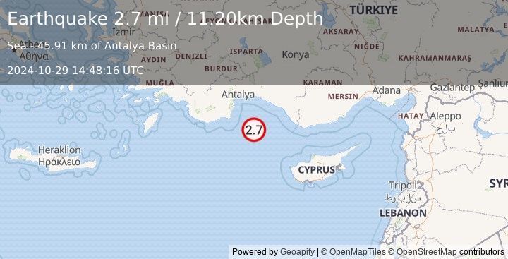 Earthquake CYPRUS REGION (2.7 ml) (2024-10-29 14:48:16 UTC)