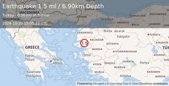 Earthquake NEAR THE COAST OF WESTERN TURKEY (1.5 ml) (2024-10-29 15:05:20 UTC)