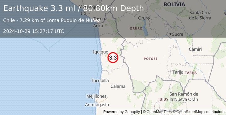 Earthquake TARAPACA, CHILE (3.3 ml) (2024-10-29 15:27:17 UTC)