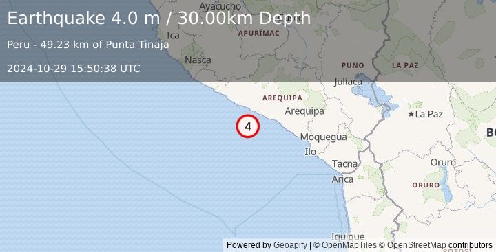 Earthquake NEAR COAST OF SOUTHERN PERU (4.0 m) (2024-10-29 15:50:38 UTC)