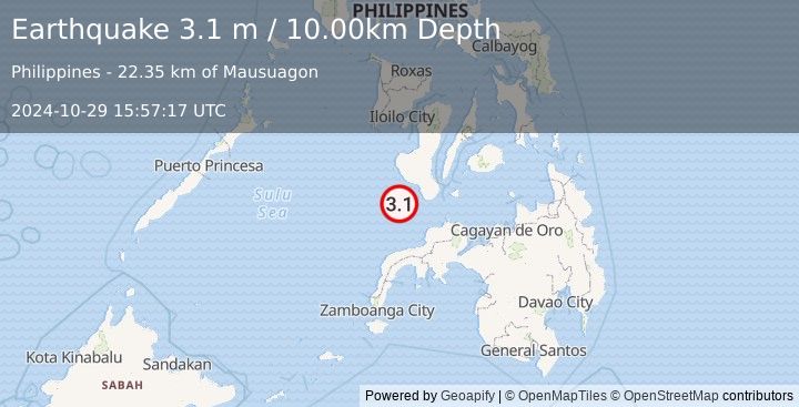 Earthquake MINDANAO, PHILIPPINES (3.1 m) (2024-10-29 15:57:17 UTC)