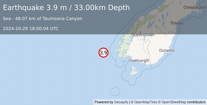 Earthquake OFF W. COAST OF S. ISLAND, N.Z. (3.9 m) (2024-10-29 18:00:04 UTC)