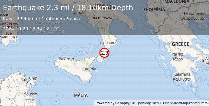 Earthquake SOUTHERN ITALY (2.3 ml) (2024-10-29 18:34:12 UTC)