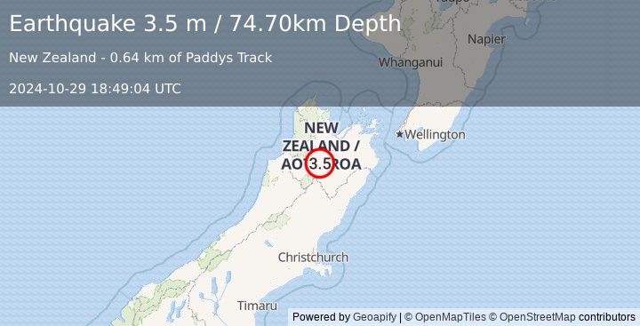 Earthquake SOUTH ISLAND OF NEW ZEALAND (3.5 m) (2024-10-29 18:49:04 UTC)