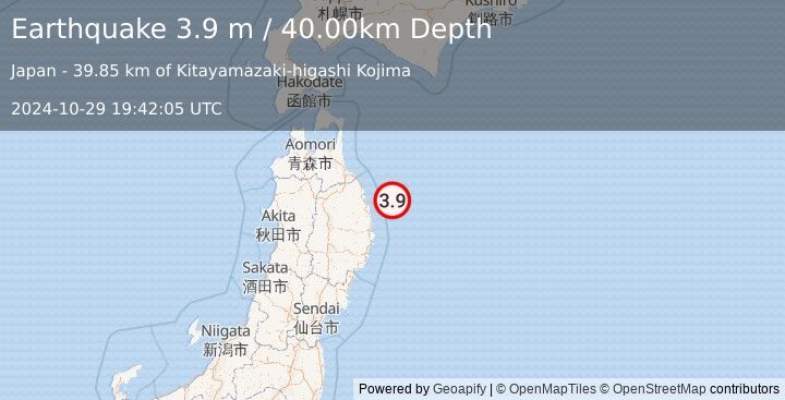 Earthquake NEAR EAST COAST OF HONSHU, JAPAN (3.9 m) (2024-10-29 19:42:05 UTC)