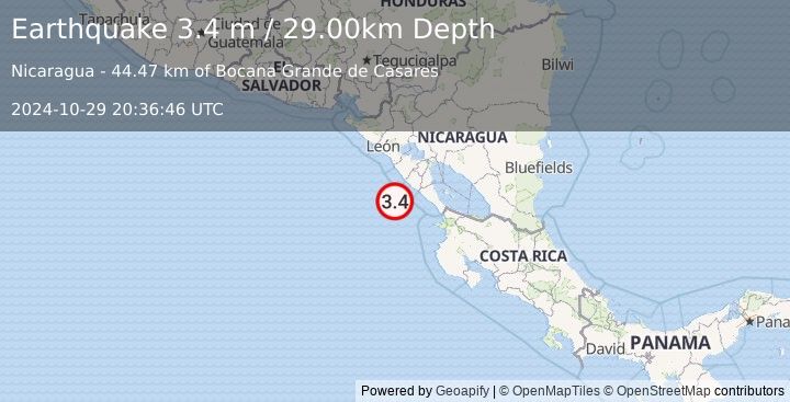 Earthquake NEAR COAST OF NICARAGUA (3.4 m) (2024-10-29 20:36:46 UTC)