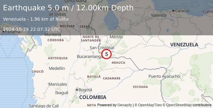 Earthquake APURE, VENEZUELA (5.0 m) (2024-10-29 22:07:32 UTC)