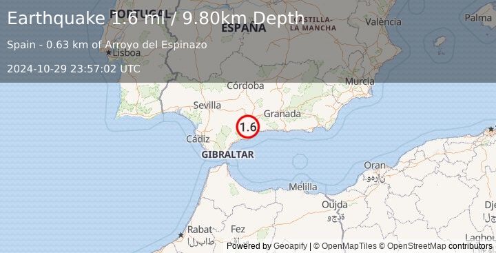 Earthquake STRAIT OF GIBRALTAR (1.6 ml) (2024-10-29 23:57:02 UTC)