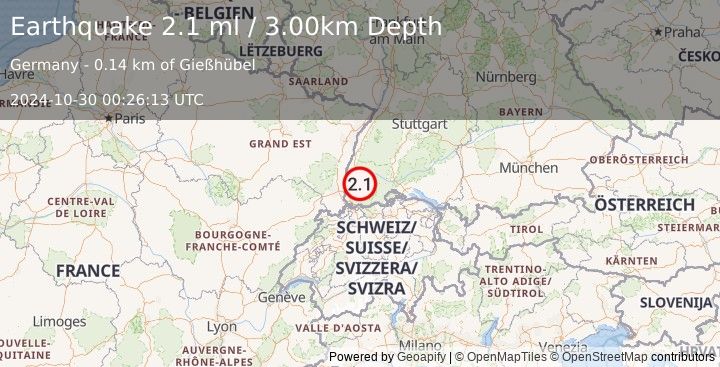 Earthquake FRANCE-GERMANY BORDER REGION (2.1 ml) (2024-10-30 00:26:13 UTC)