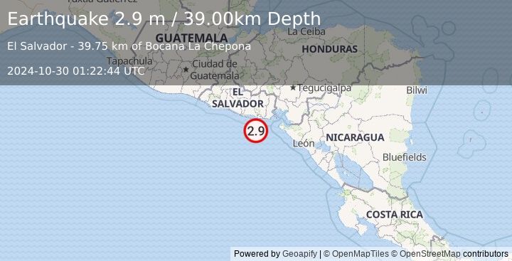 Earthquake OFFSHORE EL SALVADOR (2.9 m) (2024-10-30 01:22:44 UTC)