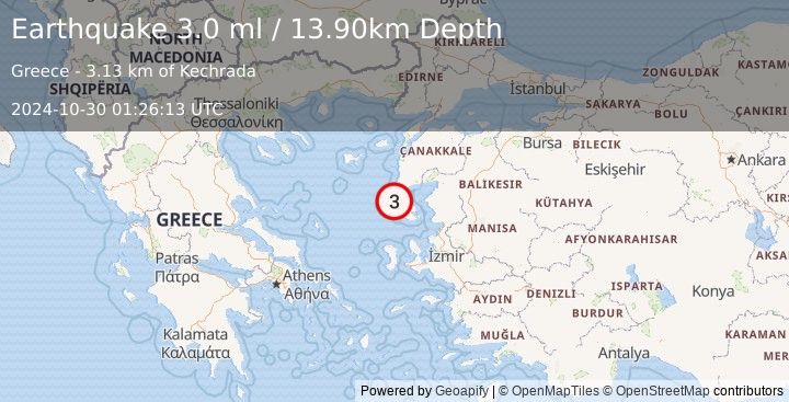 Earthquake NEAR THE COAST OF WESTERN TURKEY (3.0 ml) (2024-10-30 01:26:13 UTC)