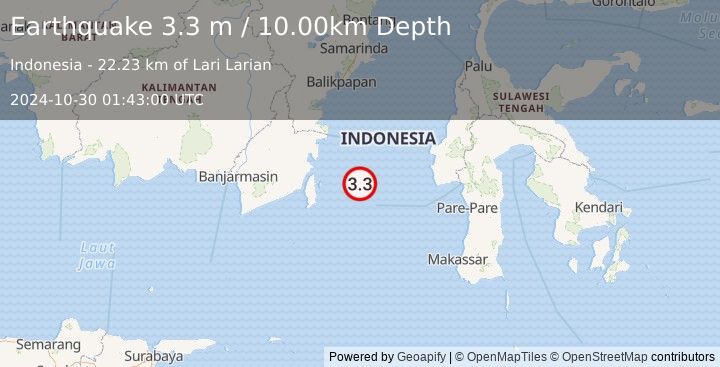 Earthquake MAKASSAR STRAIT, INDONESIA (3.3 m) (2024-10-30 01:43:00 UTC)