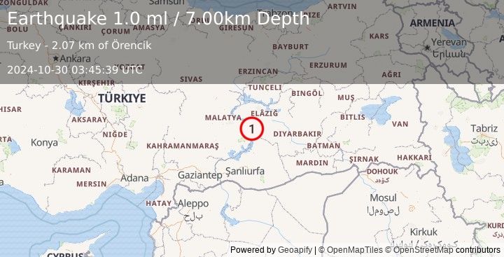 Earthquake EASTERN TURKEY (1.0 ml) (2024-10-30 03:45:39 UTC)