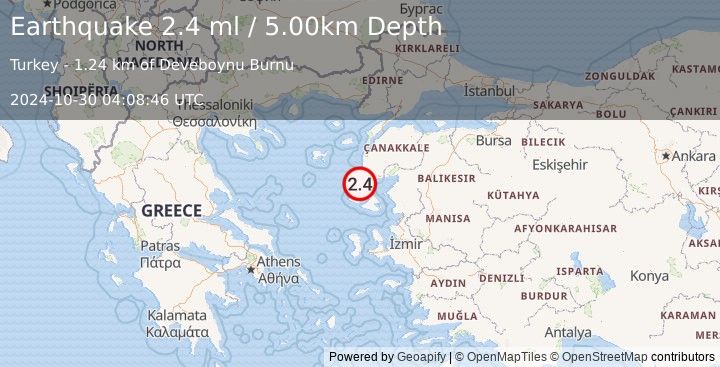 Earthquake NEAR THE COAST OF WESTERN TURKEY (2.4 ml) (2024-10-30 04:08:46 UTC)