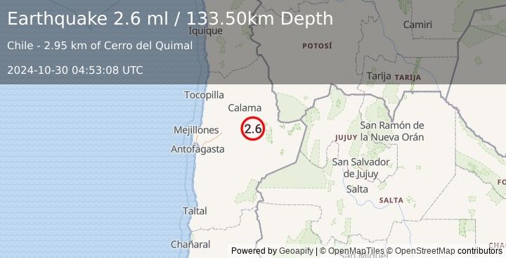 Earthquake ANTOFAGASTA, CHILE (2.6 ml) (2024-10-30 04:53:08 UTC)