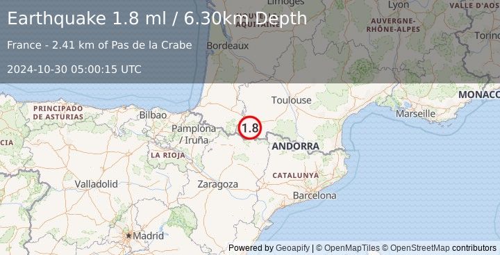 Earthquake PYRENEES (1.8 ml) (2024-10-30 05:00:15 UTC)