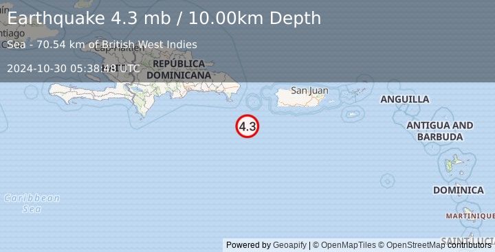 Earthquake DOMINICAN REPUBLIC REGION (4.3 mb) (2024-10-30 05:38:48 UTC)