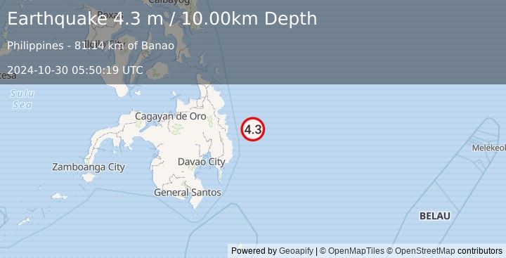 Earthquake PHILIPPINE ISLANDS REGION (4.3 m) (2024-10-30 05:50:19 UTC)