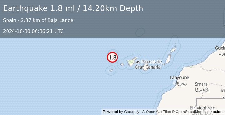 Earthquake CANARY ISLANDS, SPAIN REGION (1.8 ml) (2024-10-30 06:36:21 UTC)