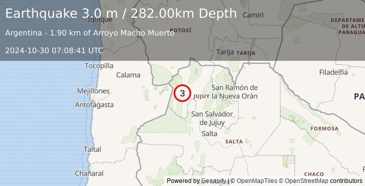 Earthquake JUJUY, ARGENTINA (3.0 m) (2024-10-30 07:08:41 UTC)