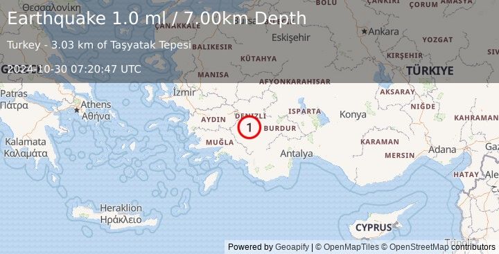 Earthquake WESTERN TURKEY (1.0 ml) (2024-10-30 07:20:47 UTC)