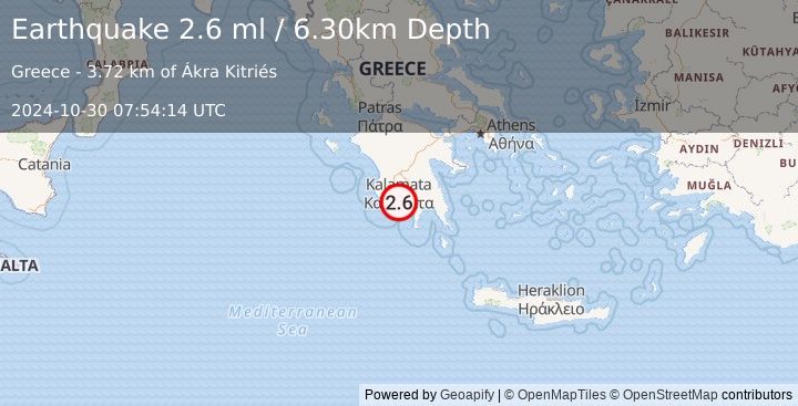 Earthquake SOUTHERN GREECE (2.6 ml) (2024-10-30 07:54:14 UTC)