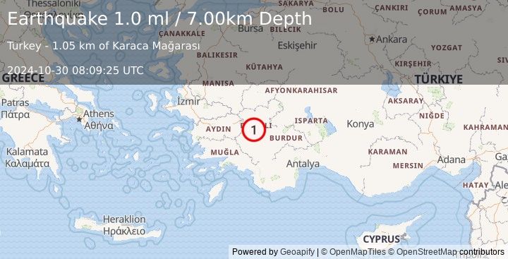 Earthquake WESTERN TURKEY (1.0 ml) (2024-10-30 08:09:25 UTC)