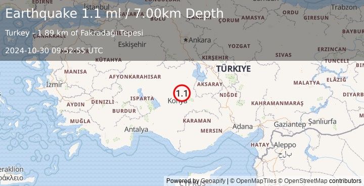 Earthquake CENTRAL TURKEY (1.1 ml) (2024-10-30 09:52:55 UTC)