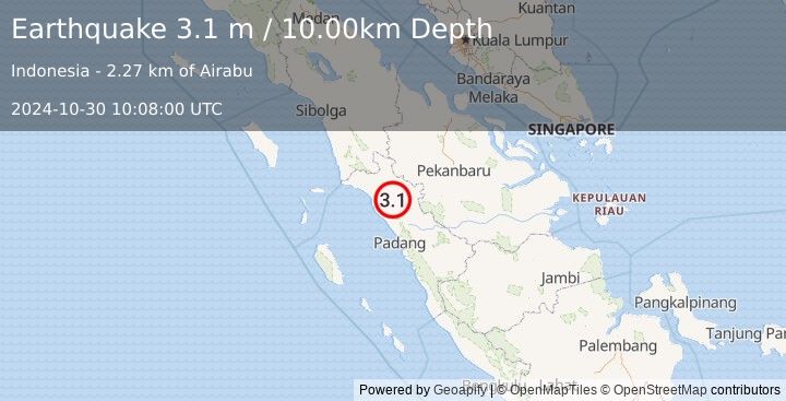 Earthquake SOUTHERN SUMATRA, INDONESIA (3.1 m) (2024-10-30 10:08:00 UTC)