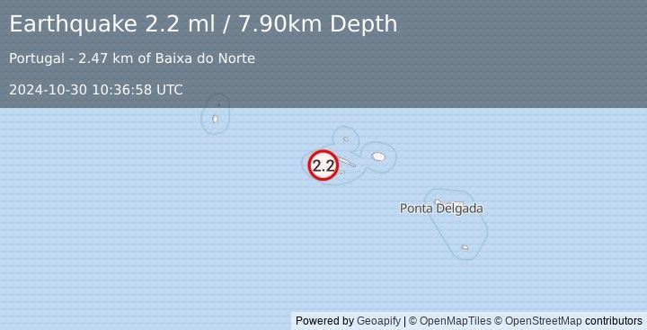 Earthquake AZORES ISLANDS, PORTUGAL (2.2 ml) (2024-10-30 10:36:58 UTC)