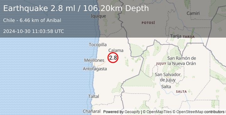 Earthquake ANTOFAGASTA, CHILE (2.8 ml) (2024-10-30 11:03:58 UTC)