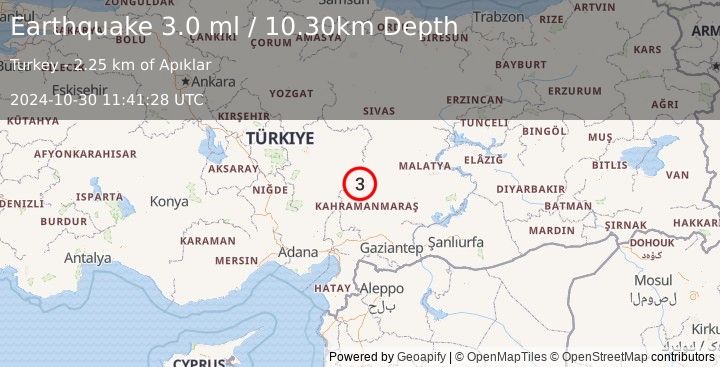 Earthquake CENTRAL TURKEY (3.0 ml) (2024-10-30 11:41:28 UTC)