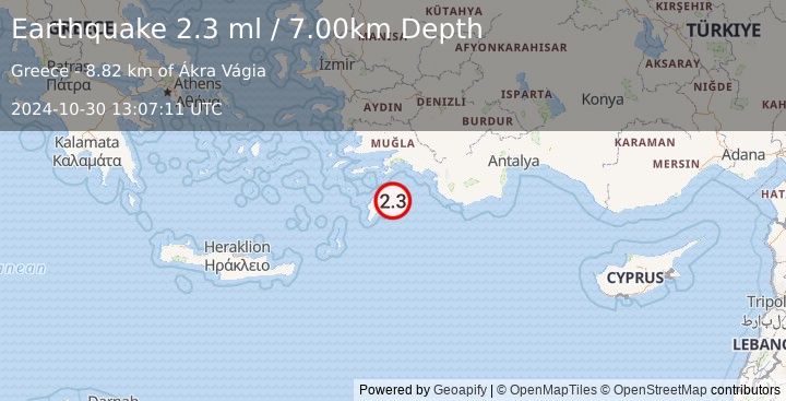 Earthquake DODECANESE IS.-TURKEY BORDER REG (2.3 ml) (2024-10-30 13:07:11 UTC)