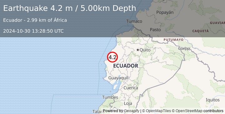 Earthquake NEAR COAST OF ECUADOR (4.2 m) (2024-10-30 13:28:50 UTC)