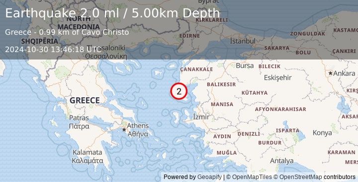 Earthquake NEAR THE COAST OF WESTERN TURKEY (2.0 ml) (2024-10-30 13:46:18 UTC)