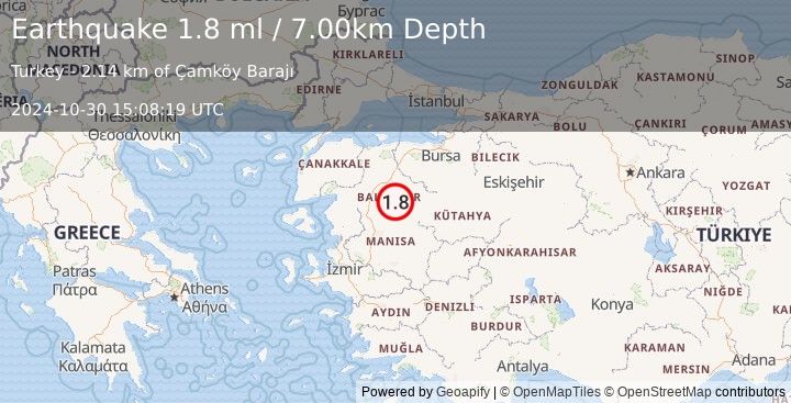 Earthquake WESTERN TURKEY (1.8 ml) (2024-10-30 15:08:19 UTC)