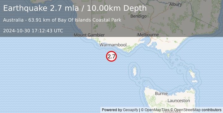 Earthquake BASS STRAIT, AUSTRALIA (2.7 mla) (2024-10-30 17:12:43 UTC)