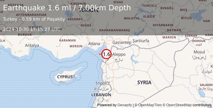 Earthquake TURKEY-SYRIA BORDER REGION (1.6 ml) (2024-10-30 17:15:27 UTC)