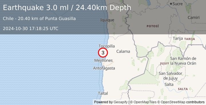 Earthquake OFFSHORE ANTOFAGASTA, CHILE (3.0 ml) (2024-10-30 17:18:25 UTC)