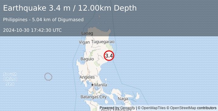 Earthquake LUZON, PHILIPPINES (3.4 m) (2024-10-30 17:42:30 UTC)