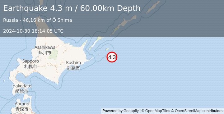 Earthquake KURIL ISLANDS (4.3 m) (2024-10-30 18:14:05 UTC)