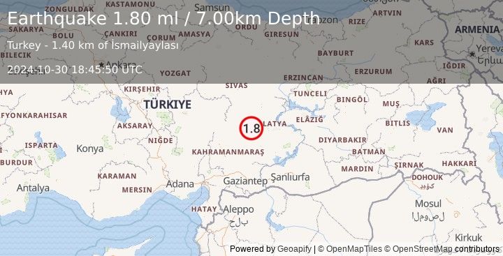 Earthquake CENTRAL TURKEY (1.8 ml) (2024-10-30 18:45:50 UTC)