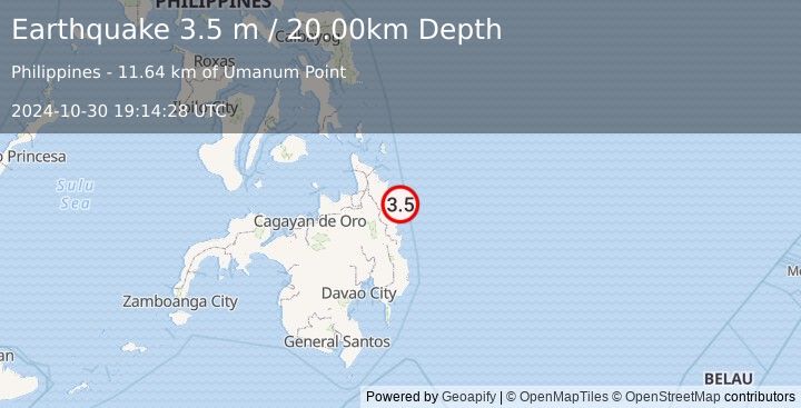 Earthquake MINDANAO, PHILIPPINES (3.5 m) (2024-10-30 19:14:28 UTC)