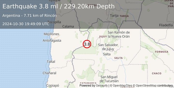 Earthquake SALTA, ARGENTINA (3.8 ml) (2024-10-30 19:49:09 UTC)