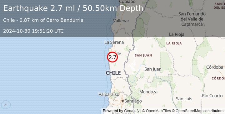 Earthquake COQUIMBO, CHILE (2.7 ml) (2024-10-30 19:51:20 UTC)