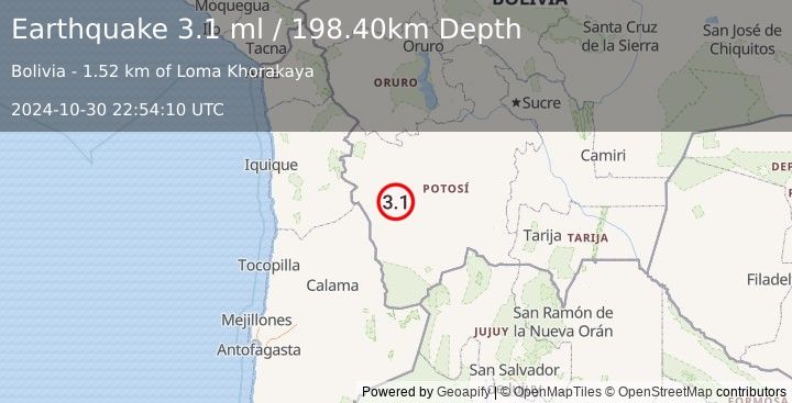 Earthquake POTOSI, BOLIVIA (3.1 ml) (2024-10-30 22:54:10 UTC)