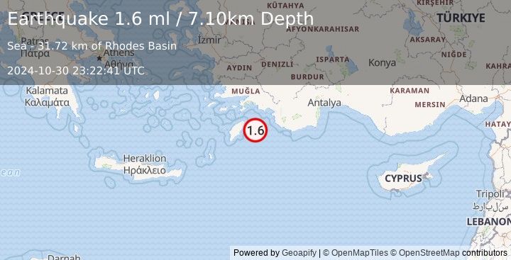 Earthquake DODECANESE IS.-TURKEY BORDER REG (1.6 ml) (2024-10-30 23:22:41 UTC)