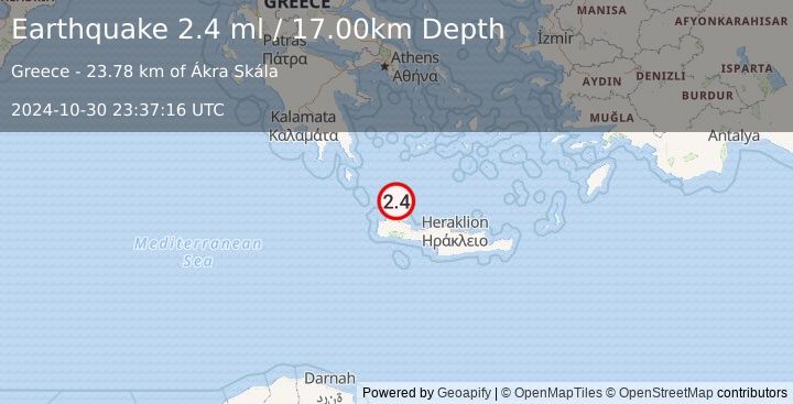 Earthquake CRETE, GREECE (2.4 ml) (2024-10-30 23:37:16 UTC)