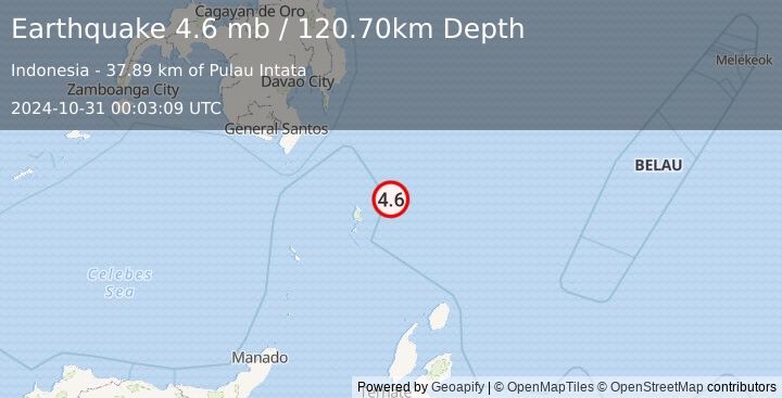 Earthquake KEPULAUAN TALAUD, INDONESIA (4.6 mb) (2024-10-31 00:03:09 UTC)